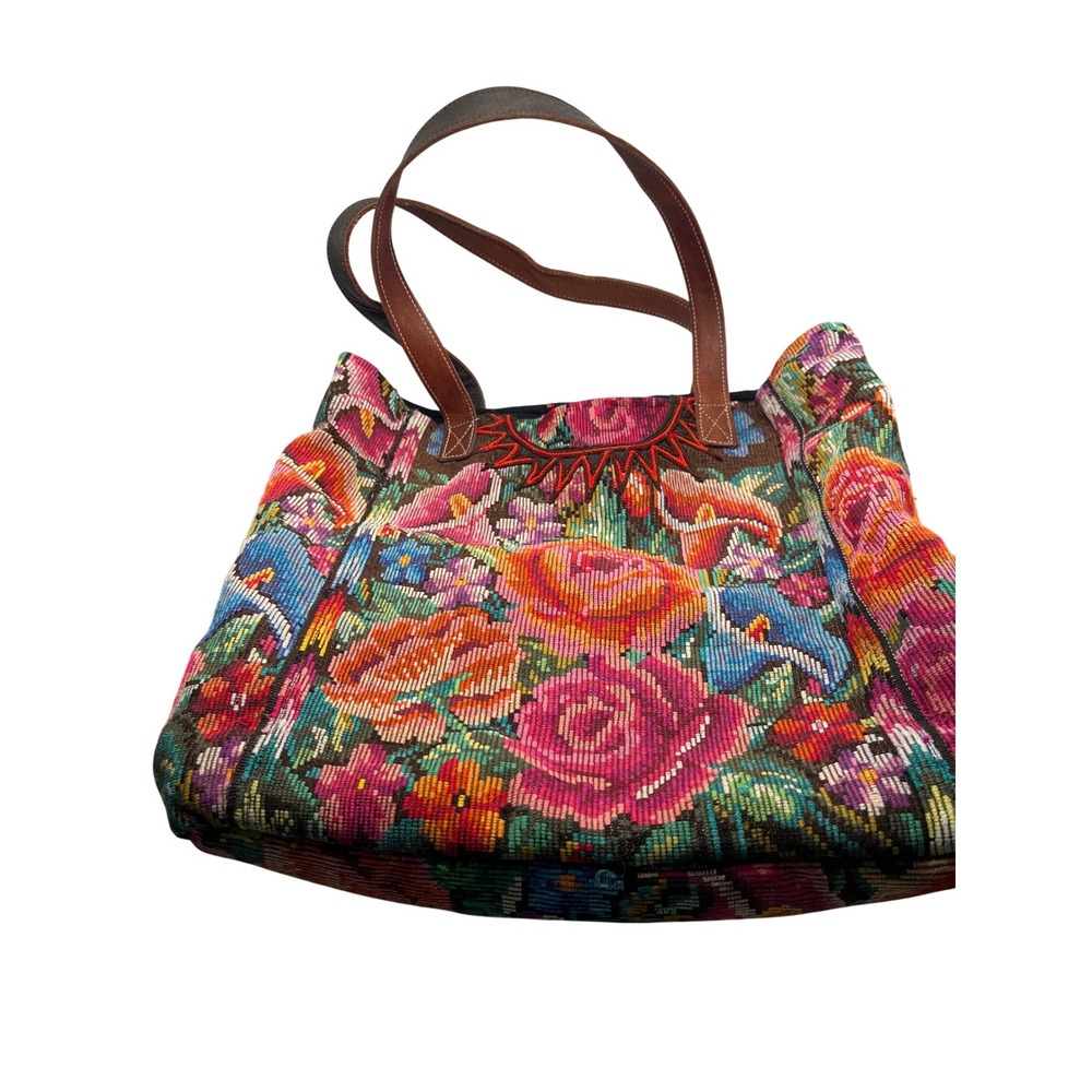 Altiplano Woven Tapestry Floral Tote Bag Leather Straps Boho Embroidered Multi